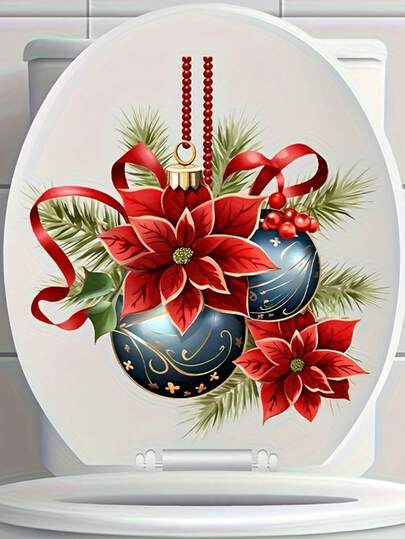1pc Home Decoration Christmas Ball And Flower Toilet Sticker Elegant Blue And Golden Christmas Ornament Toilet Lid Sticker PVC Self-Adhesive Bathroom Toilet Decal 11.61*11.61in For Bedroom Entrance Living Room Porch Home Decor Christmas Party Themed Decorations And Gifts Create A Christmas Holiday Atmosphere Make Hoom Decoration More Interesting