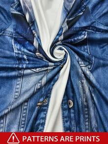 Áo thun ngắn tay nữ cỡ lớn chất liệu denim tổng hợp [Họa tiết denim/Họa tiết denim tổng hợp] Thanh lịch, phong cách thường ngày, thích hợp cho kỳ nghỉ - Màu xanh lam - Xem 10