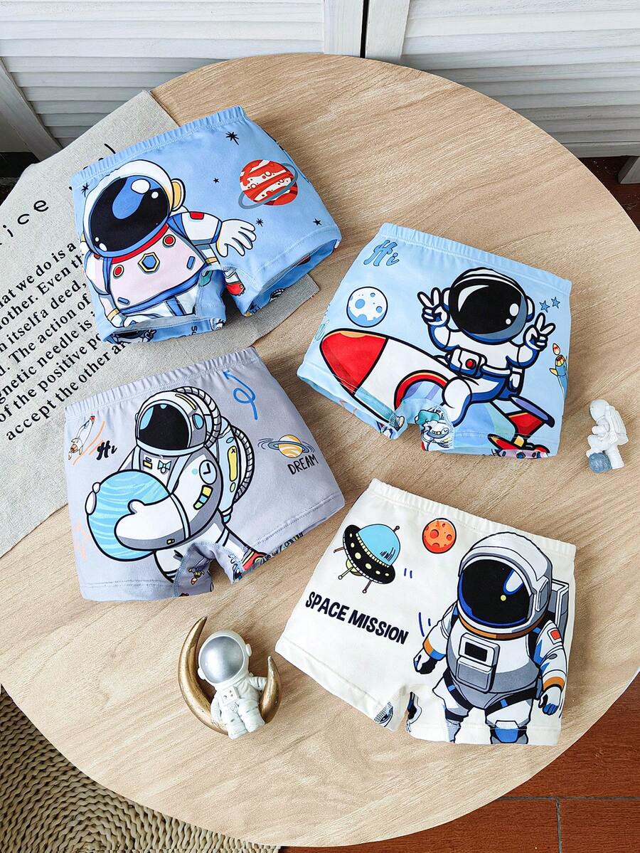 4pcs/Set Chatreadl Boys' Comfortable Boxer Briefs, Cute Cartoon Space Pattern, Suitable For All Seasons - Multicolor - View 1