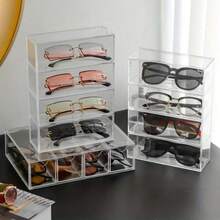4-Layer Acrylic Eyeglasses Display Box, Stackable Desktop Sunglasses Storage Organizer, Dust-Proof Stationery Drawer-Style Rack