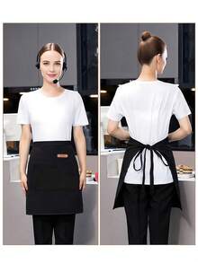 1 pieza Delantal de cocina, delantal de chef para hombres y mujeres con bolsillos grandes, delantal de cintura con 2 bolsillos - Delantal corto negro para camareros y camareras, de lona con espalda cruzada, resistente y ajustable, para camareros, cocina, baño, hogar, proveedores domésticos