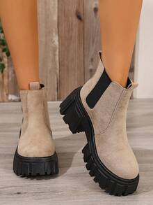 Stivaletti alla caviglia con platform per donna, autunno/inverno, stile minimalista e versatile, punta tonda tipo Chelsea, adatti per uso quotidiano e streetwear, stivali da motociclista