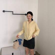 [LUNE] 韓国カレッジスタイルシンプルなフード付き巾着ニットカーディガン女性用秋と冬カジュアルルーズレイジースタイルセータージャケット女性用 - ブルー - チェックする 4