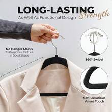 100 Pack Velvet Hanger For Shirt Pants Dresses Skirts Suits Jackets - Slim Space Saving Design - Standard Coat Hanger - Sturdy & Durable Design With Shoulder Grooves Hook - 黑色 - 查看 4