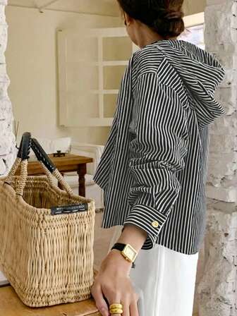 Korean Chic Summer Casual Single-Breasted Striped Contrast Color Loose Fit Long Sleeve Hooded Shirt For Women
