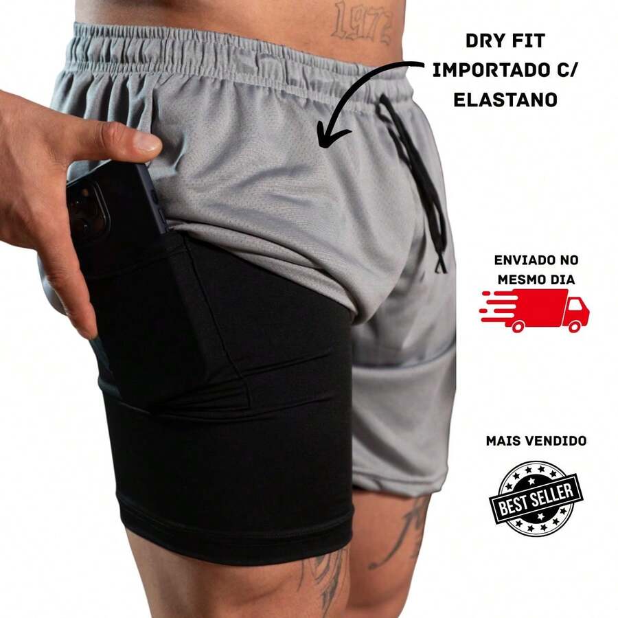 Imported Men's 2-In-1 Compression Shorts – Sportswear, Gym, Running, Fitness, Quick-Drying, High Performance - Màu Xám nhạt - Xem 1