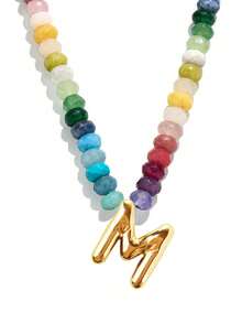 1pc Bohemian Style Colorful Natural Stone Beaded 26 Letter Copper Pendant Necklace, Suitable For Daily, Vacation, Travel, Casual Wear, Fashion Jewelry Gift For Family And Friends