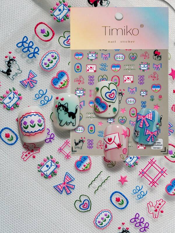 Neue Cartoon Nagel Sticker mit geprägter Laser Technologie, süßer handgezeichneter Stil, mit einfachen Graffiti Mustern wie Katzen, Glaslandschaften, Schleifen usw., geeignet für persönliches DIY und Nagelstudio Verwendung