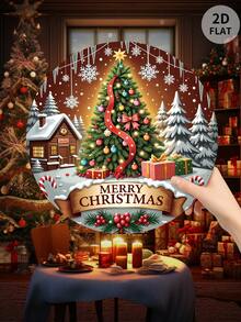 1 Stücke Weihnachts-Dekorations-Set - beinhaltet Frohe Weihnachten, Weihnachtsbaum, Weihnachtskugeln, Geschenkboxen, Winterlandschaft, Hütte, Schneeflocken, Zuckerstangen, runde Ornament-Teller, Feiertags-Atmosphäre. Geeignet für Zuhause, Restaurant, Bar, Ladenfront, Café Dekoration. 2D flach bedrucktes Design für Hängeschilder und dekorative Holzstücke.