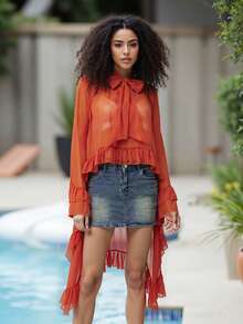 Women's Ruffled Tops Bow Tie Design Stylish Solid See Through Loose Fit V Neck Long Sleeve Blouses Perfect For Summer - Orange-red - View 7