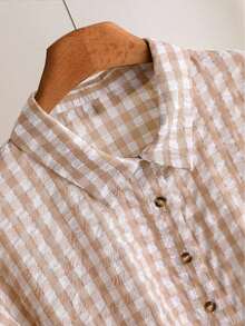 Plaid Shirt With Ruffle Trim, Button Front, Short Front Long Back, Pleated Ruffle Hem/Ruffle Vacation