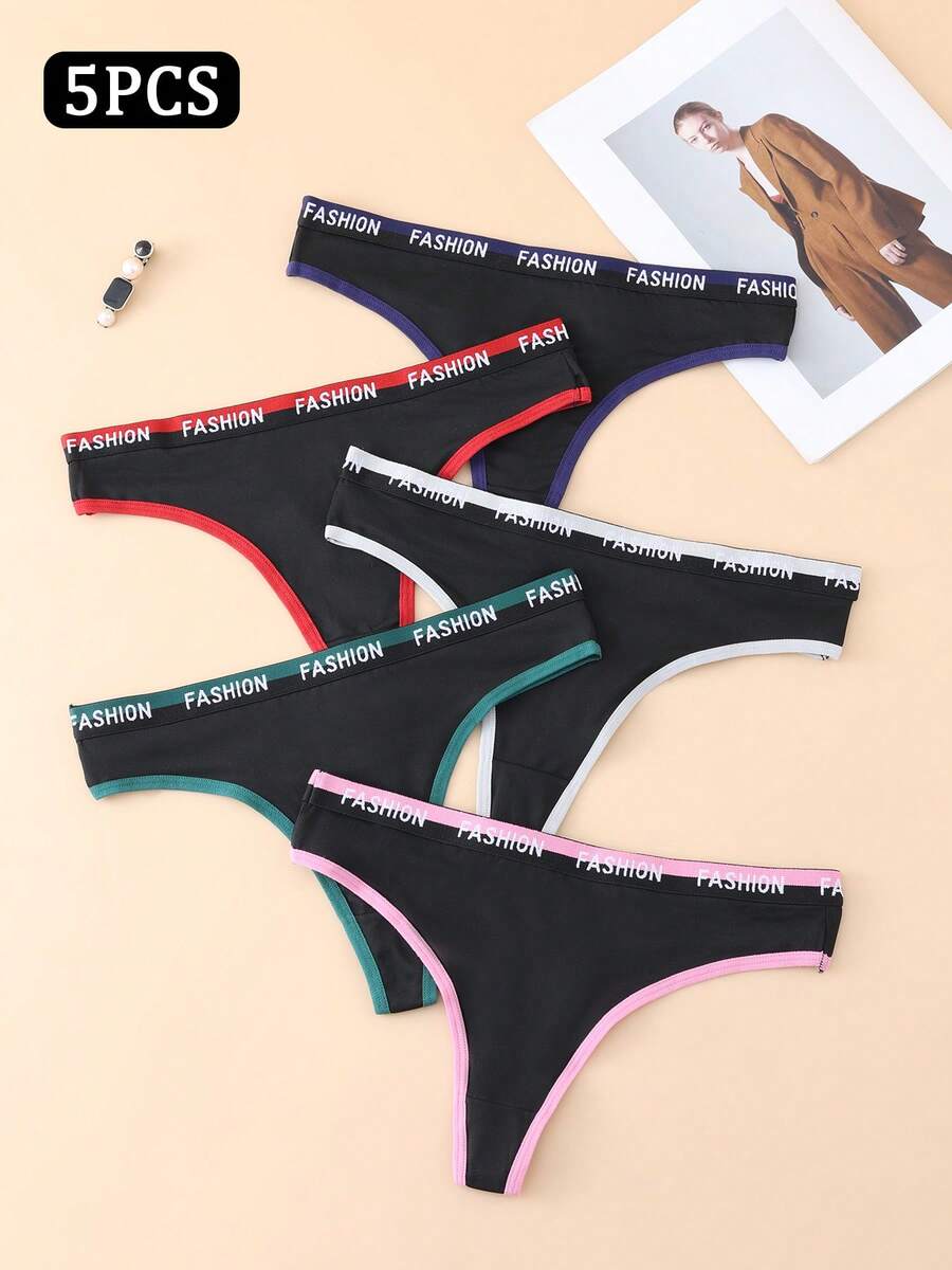 5 Stücke/Packung modische einfarbige Buchstaben Patchwork Damen String Höschen