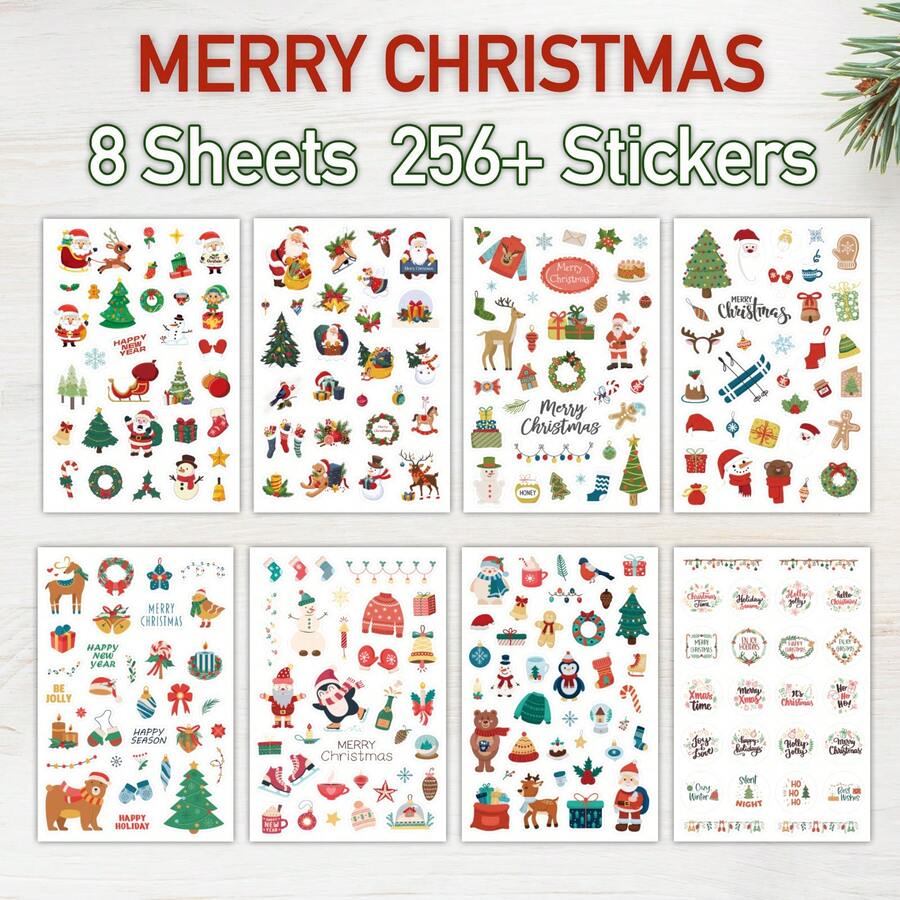8pcs/256pcs Christmas Stickers, Matte Stickers, Versatile Use: Christmas, New Year, Winter Stickers, Suitable For Decorating Cards, Party Invitations, Scrapbooks, And Can Be Stuck On Luggage, Computers, Water Bottles, Skis, Refrigerators, Cabinets, Walls, Bicycles, Notebooks, Mirrors, And Any Surface You Want To Decorate
