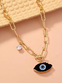 1 件时尚简约邪眼吊坠项链，小众独特风格，女士配饰（链节数量随机） - 金黃色 - 查看 2