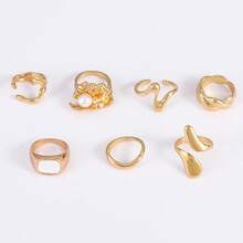 Juego de 7 piezas de anillos abiertos irregulares y deportivos con perlas falsas con forma