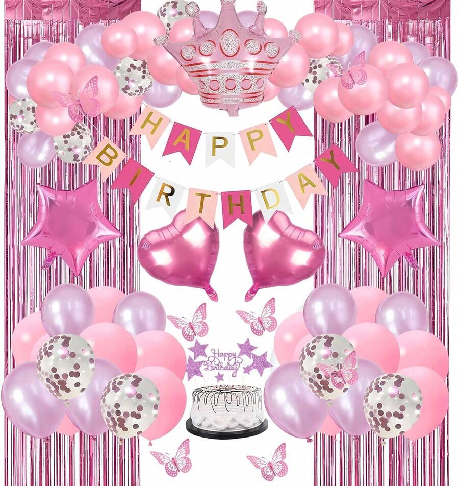 Globos de Cumpleaños, 59Pcs Decoracion Fiesta de Pared,con Banner Happy Birthday, Cortinas Brillantes Combinación de Globo de Papel,Rosa Metalizado,Lentejuelas,Forma Corazon,Estrella,para Mujer y Niña decoración navideña Christmas rosa metálico globos para fiesta de cumpleaños en interiores exterior salón terraza fotos en redes sociales y candy bar - Azul - Ver 1