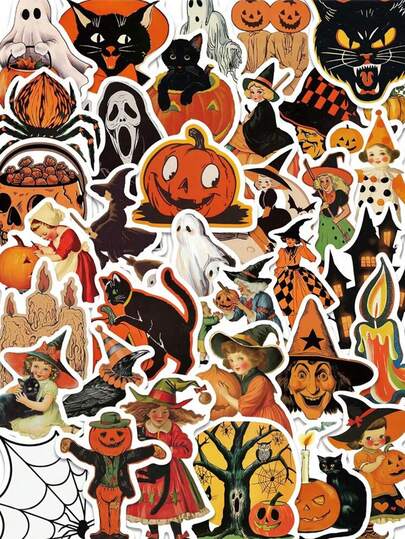 52Pcs Retro Halloween Stickers Dark Witch Horrible Pumpkin Theme Vintage Gothic Style DIY Vinyl Waterproof Junk Journal Scrapbook Collages Laptop Phone Window Water Bottles Stickers Kids Teens Adult Party Favors Halloween Party Gift Decoration