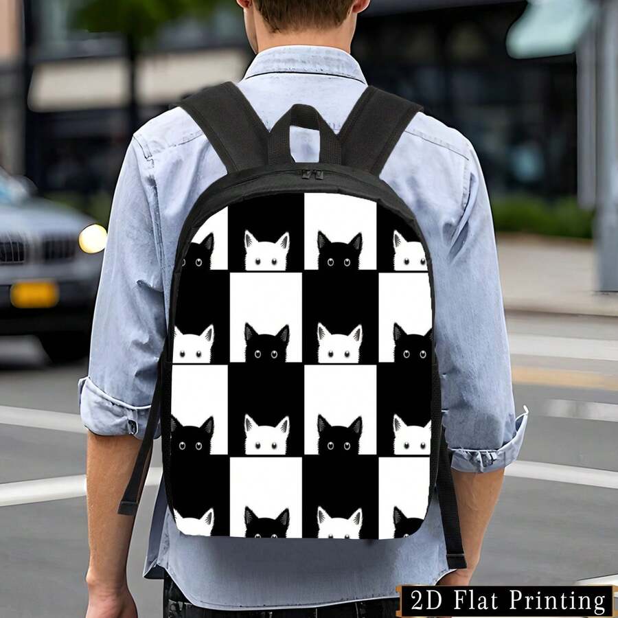 Stylish Unisex Backpack With Black & White Cat Print - Lightweight Large Capacity Daypack, Adjustable Straps & Side Pockets, Foldable Design For School, Travel, Commuting, Casual Daypack, Playful Design, Zipper Closure, Durable Construction, Commuting Bag, Daypack, Hand Washable, Young Adults - 混合顏色 - 查看 1