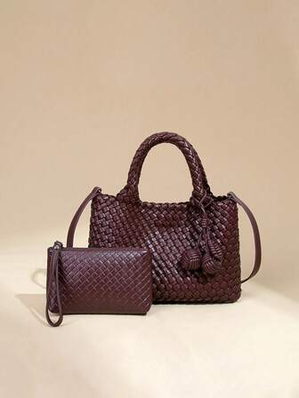 【2件/套】酒红色时尚编织皮革手提包+腕带 | 复古流苏装饰 | 可拆卸肩带可手提或斜挎，适合秋冬通勤购物 | 圣诞礼物推荐