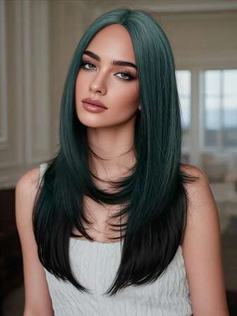 突出显示绿色 26 英寸长直发假发分层自然发质，光滑逼真的假发合成假发适合女性日常派对婚礼假发万圣节使用角色扮演服装假发多功能街头时尚假发