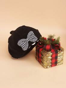 1pc Girls' Plaid Bow Knitted Beret Hat, Beige