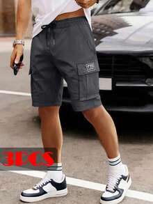 3-Pack Men's Multi-Pocket Cargo Shorts - Stylish Outdoor Casual Wear, Polyester Fabric, Drawstring Waist, Perfect For Everyday Use, Casual Outdoor Shorts | Casual Cargo Shorts | Smooth Textured Shorts - xanh+xám+đen - Xem 2