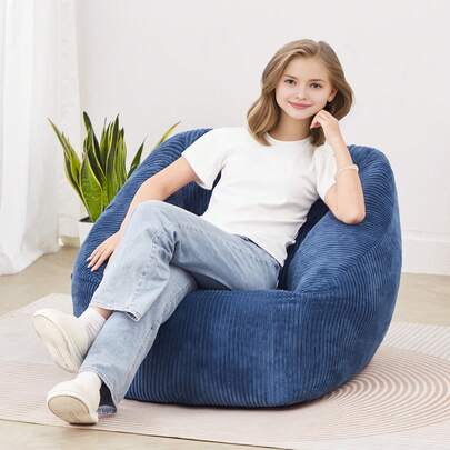 Bean Bag Chair, 3 Feet Bean Bag Chair With Soft Armrests And Storage Pocket, 25D Memory Foam Filled With Soft Teddy Velvet Cover, Bean Bag For Bedroom Or Playroom, Blue