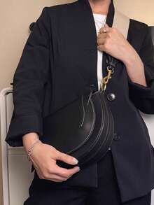 New Autumn Women's Burgundy Saddle Bag By ZA, Featuring Contrast Stitching, Top Handle, And Flap-Over Crossbody Rigid Bag - Black - View 2