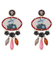 Brincos Pendentes com Borla de Pássaro e Floral ZAA, Decoração Floral Metálica Colorida com Várias Gemas, Brincos de Liga e Resina em Estilo Artístico Retrô Exagerado, Acessório Casual e Versátil para Mulheres, Adequado para Uso Diário e Festas