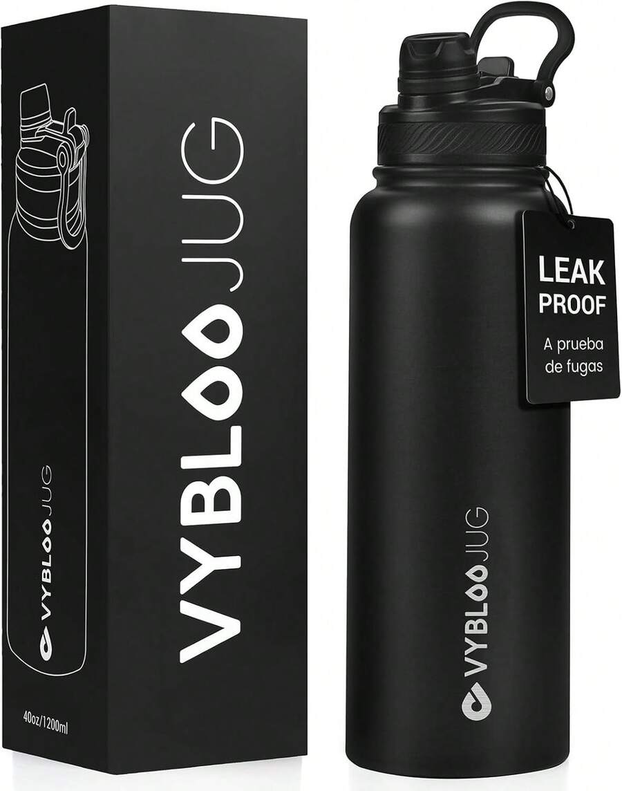 Termo de Acero Inoxidable, Termo de Agua con Doble Pico, Agua Fría (24 horas) o Caliente (12 horas), con Popote y Tapa Antigoteo, con Asa para Transportar (40 oz / 1200 ml, Obsidiana) - Perla - Ver 1