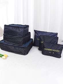 1/6pcs Travel Organizer Set - Foldable Luggage Organizer Bags, Large Capacity Waterproof Packing Cubes, Shoe Bags, Drawstring Bags, Toiletry Bags, Lingerie Bags, Cosmetic Bags, Organizer Pouches To Easily Organize Clothes, Suitable For Pens, Eyeshadow Brushes, Sanitary Pads, Lipsticks, Makeup Brushes, Eyeliners, Lip Glosses, Skincare, Toothbrush Holders, Soaps, Shampoos, Combs, Watches, Phones, Necklaces, Jewelry, And Electronics - Blue Spots - View 5