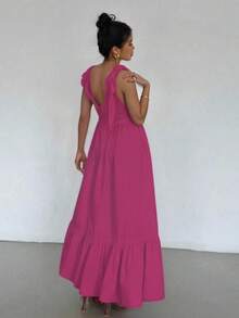 Maxi Vestido de Tirantes Ajustable con Escote en V o Pico Profundo, con Volante en el Bajo Casual para Mujer - Rosa Fucsia - Ver 3