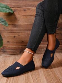 Zapatos casuales de punta cuadrada plana de punto, mocasines transpirables y antideslizantes, cómodos para madres, primavera y otoño - Azul oscuro - Ver 5