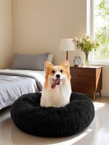 1 件装毛绒圆形宠物床舒适温暖适合大、中、小型猫狗四季睡眠 - 黑色 - 查看 3