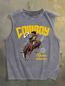 Retro Western Cowboy Sleeveless Vest Washed Cotton Breathable Fabric, Comfortable For Outdoor Wear Unisex American Street Style - 灰色 - 查看 1