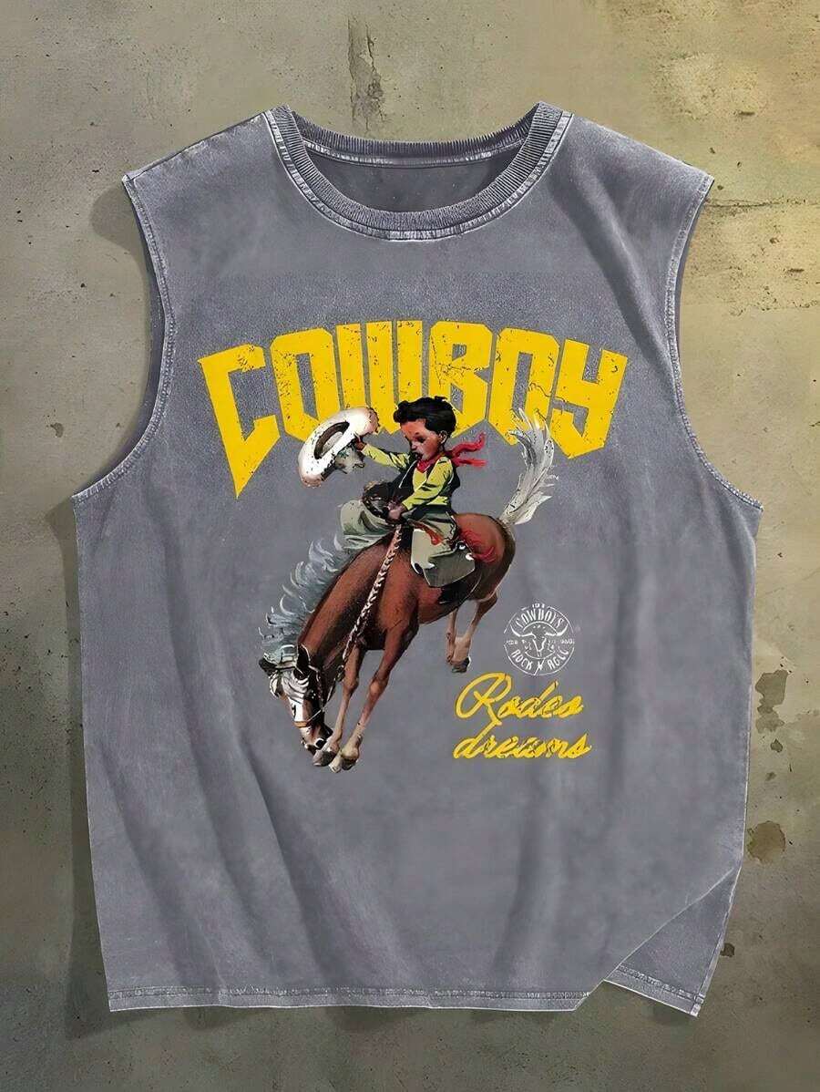 Retro Western Cowboy Sleeveless Vest Washed Cotton Breathable Fabric, Comfortable For Outdoor Wear Unisex American Street Style - 灰色 - 查看 1