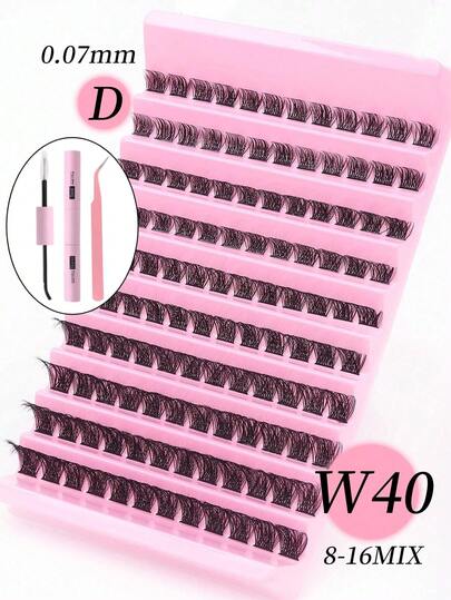 120 cachos em D, cílios postiços, cílios postiços agrupados, 40L/40L, com conforto e maciez, novos cílios postiços em formato de W, confortáveis de usar, estilo de curvatura e maciez, 8-16 mm, conjunto de cílios postiços + cola + pinça, compra única, presente de Halloween