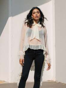 Women's Ruffled Tops Bow Tie Design Stylish Solid See Through Loose Fit V Neck Long Sleeve Blouses Perfect For Summer - Ivory - View 9