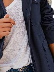 Women's Blue Utility Jacket, Stand Collar Zip Up Lightweight Field Jacket, Casual Spring Streetwear Coat - Navy Blue - View 4