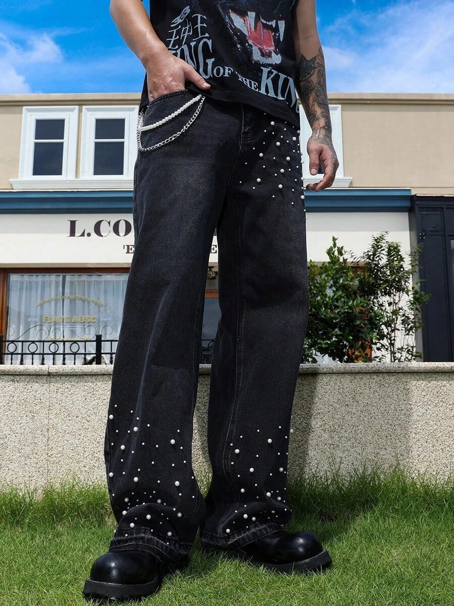 American Loose Straight Leg Jeans Men's 2025 New Autumn Fashion Nail Bead High Street Wide Leg Pants