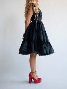 Women's Solid Color Square Neck Sleeveless Spaghetti Strap Multi-Layered Swing Short Dress, Suitable For Parties And Dates - 黑色 - 查看 6