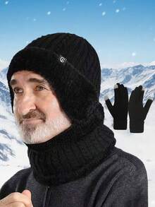 2/3件秋冬季男士耳套针织帽围脖套装，内衬抓绒加厚防寒保暖套装，适合骑行、通勤、聚会等场合。护颈，防风保暖帽子，针织帽，围脖，手套，秋冬保暖套装，男士帽子 - 彩色 - 查看 13