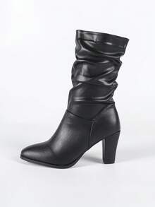 粗跟圆头细高筒靴女款，新款秋冬中筒马靴，皮革鞋面 - 黑色 - 查看 12