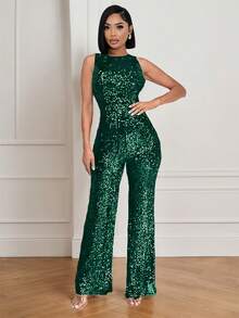 Mono sin mangas de mujer con piernas anchas y lentejuelas para fiesta, con cremallera y tela elástica de alta calidad - Verde - Ver 1