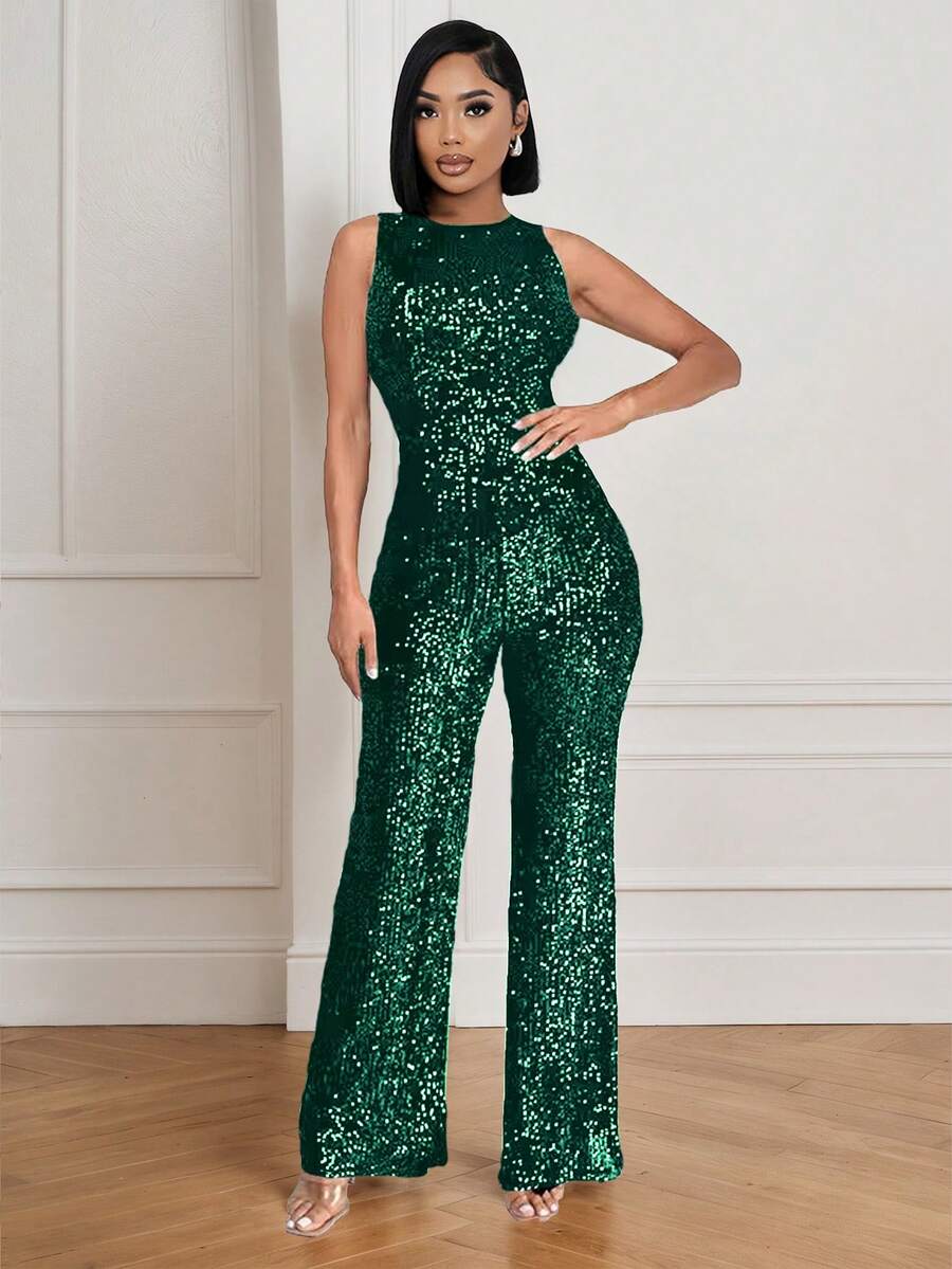 Mono sin mangas de mujer con piernas anchas y lentejuelas para fiesta, con cremallera y tela elástica de alta calidad - Verde - Ver 1