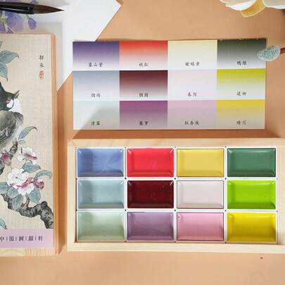 12-Farben Chinesische Malfarben Holzbox Set, professionelle feste Aquarellfarben für Chinesische Malerei, Färben, Handmalerei, Skizzieren, Werkzeuge für Feine Kunst Illustration