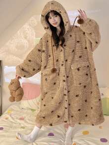 1set Women's Super Warm Teddy Fleece Hooded Bathrobe - Oversized Polka Dot Loungewear With Pom Pom Drawstring & Roomy Pockets, Ultra-Soft Plush Robe For Home Lounging, Book Reading Nooks, Cozy Movie Nights & Cold Winter Days Errands - Multicolor - View 8