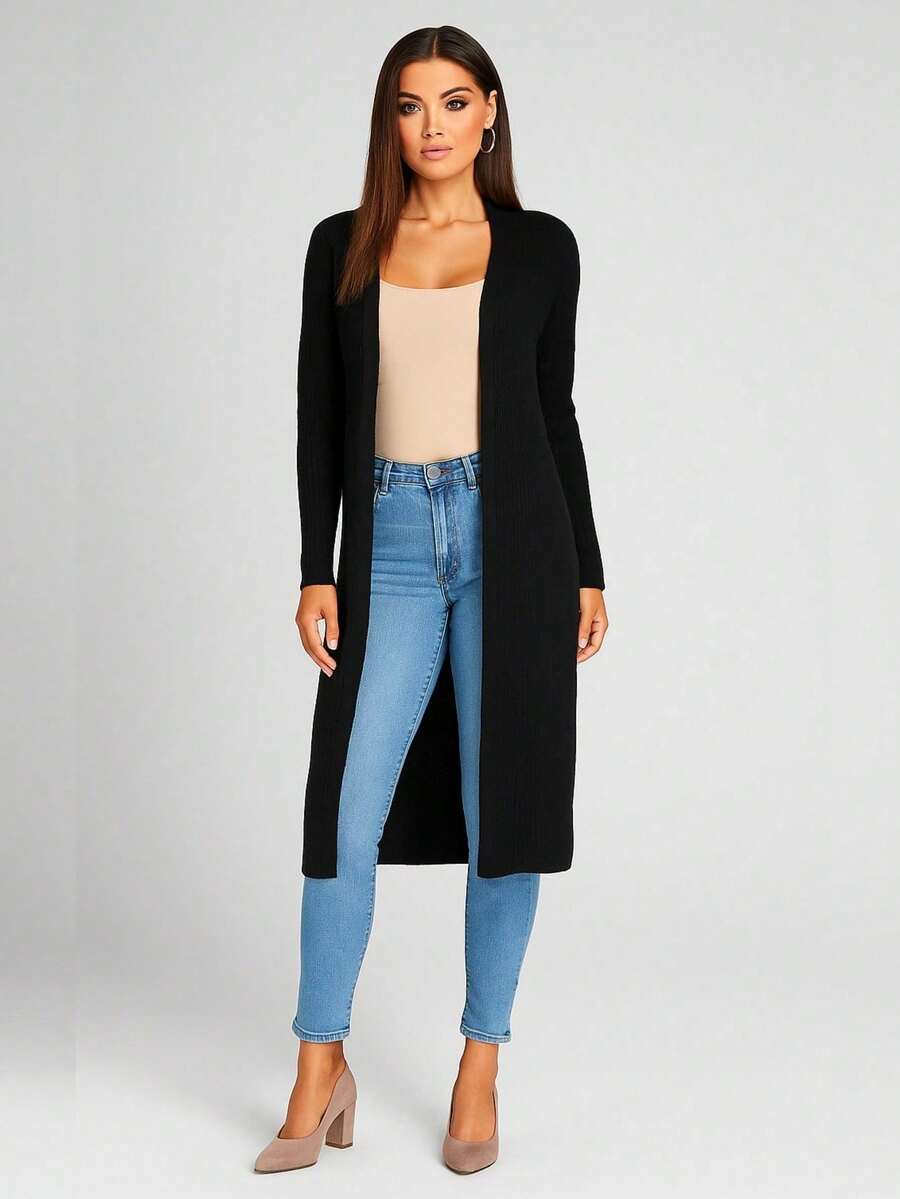 Women's Elongated Cardigan Kimono Coat Fitted Sleeve Elegant Premium Luxury - màu đen - Xem 1