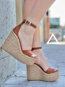 Sandalias de plataforma alta de yute con correa al tobillo  Casual - Camel - Ver 2