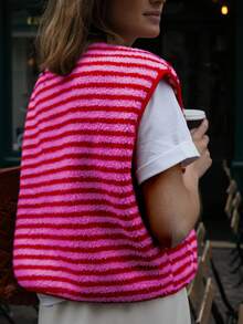 1 pieza Chaleco de punto a rayas, casual, para vacaciones, para citas, adecuado para otoño/invierno, Navidad, Año Nuevo, Día de San Valentín